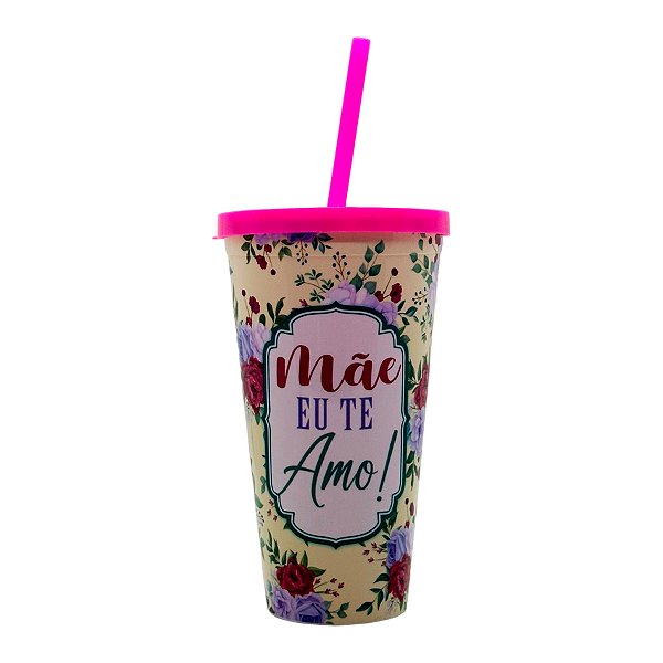 Copo com Tampa e Canudo Amarelo - Mãe Eu Te Amo - 600ml - 1 unidade - Rizzo