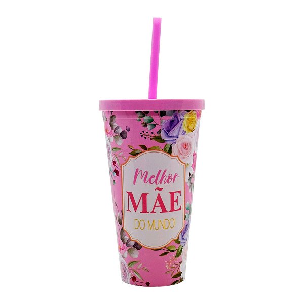 Copo com Tampa e Canudo Rosa - Melhor Mãe do Mundo - 600ml - 1 unidade - Rizzo