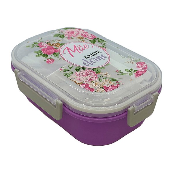 Marmita Roxo com Garfo e Colher e Divisória de 3 Partes - Mãe Amor Eterno - 15,8x22cm - 1 unidade - Rizzo