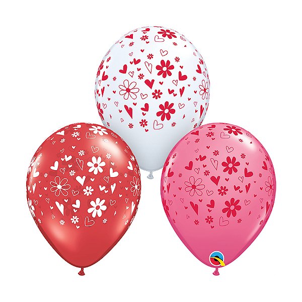 Balão de Festa Látex Liso Decorado - Corações e Margaridas Sortido - 11" 27cm - 50 unidades - Qualatex Outlet - Rizzo