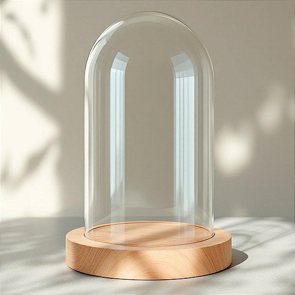 Cúpula Redoma de Vidro Decorativa 12x20cm - Base Madeira Clara - 1 unidade - Rizzo