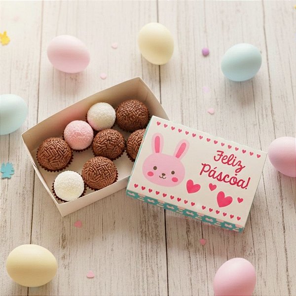 Caixa Divertida Feliz Páscoa Coelinho Rosa Ref. 335 - 6 doces com 10 un. Erika Melkot Rizzo Confeitaria
