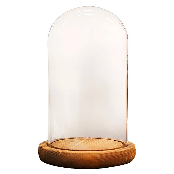 Cúpula Redoma de Vidro Decorativa 12x20cm - Base Madeira Clara - 1 unidade - Rizzo