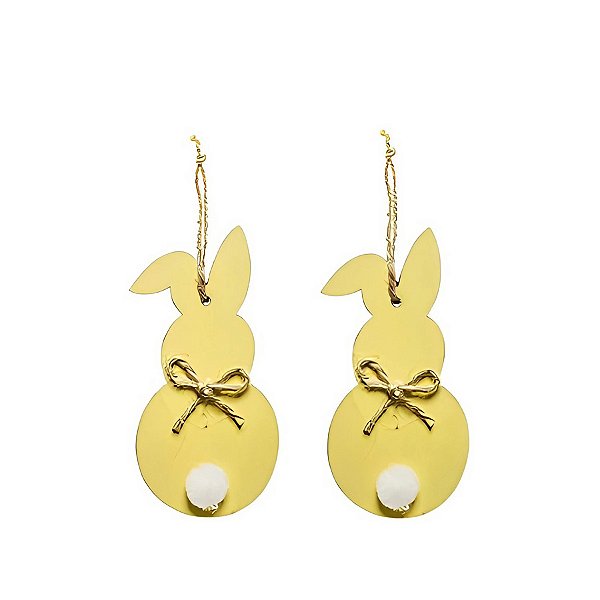 Tags de Páscoa Coelho Madeira Amarelo com Pompom - 2 unidades - Cromus - Rizzo