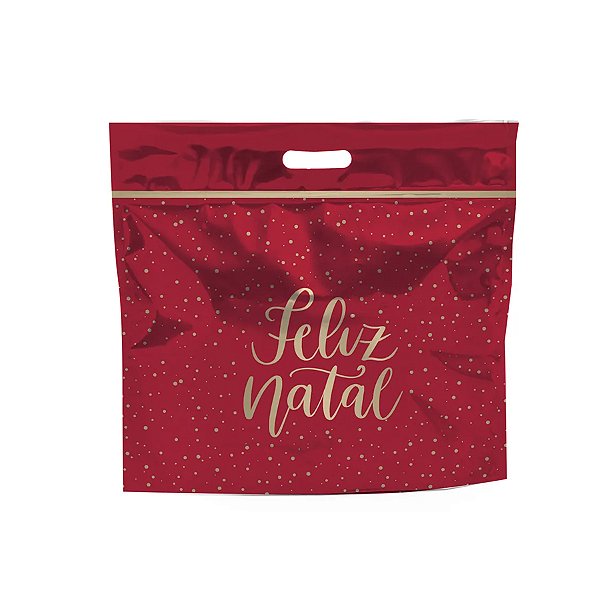 Sacola Metalizada com Zip - Feliz Natal Vermelho e Ouro - 32x40+5cm - 1 unidade - Cromus - Rizzo