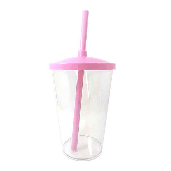 Copo de Acrílico Durável com Tampa e Canudo 300ml - Rosa Claro - 1 unidade - Rizzo