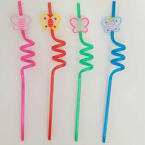 Canudo Espiral Rigido Colorido - Borboleta - 27cm - 4 unidades - Rizzo