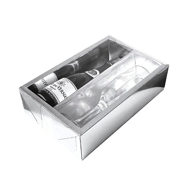 Caixa Mini Champanhe e Taça (22,5cm x 19cm x 6,2cm) Prata Texturizada - 5 unidades - Assk - Rizzo