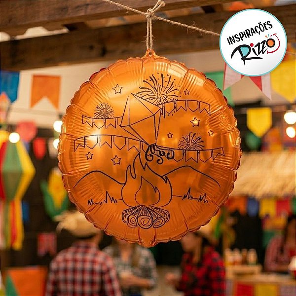 Balão de Festa Metalizado Redondo 20" 50cm - Fogueira de São João - Laranja - 1 unidade - Rizzo
