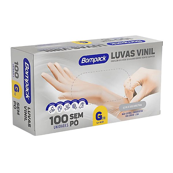 Luva Vinil Bompack Industrial S/PÓ Transparente G - 100 unidades - Bompack - Rizzo