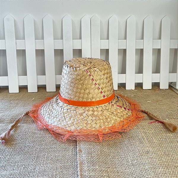 Chapéu de Palha De Renda Com Trança Loira - Laranja - 34cm - 1 unidade - Rizzo