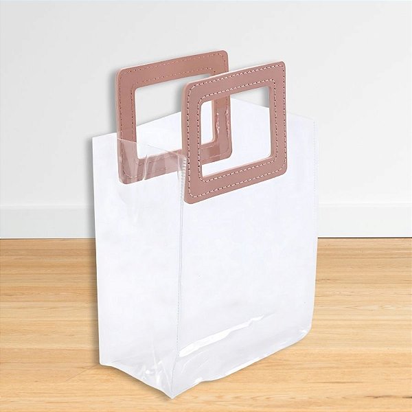 Sacola Transparente PVC Com Alça Retangular Couro Rosa - 16,4x14,2x7,3cm - 1 unidade - Cromus - Rizzo