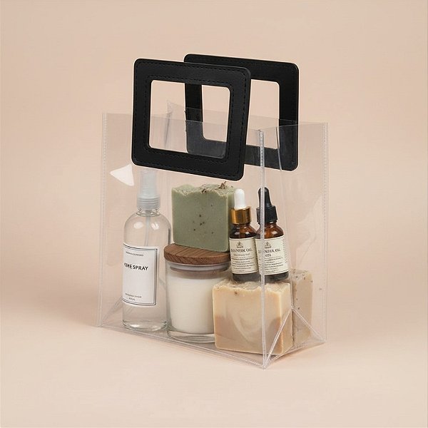 Sacola Transparente PVC Com Alça Retangular Couro Preto - 16,4x14,2x7,3cm - 1 unidade - Cromus - Rizzo