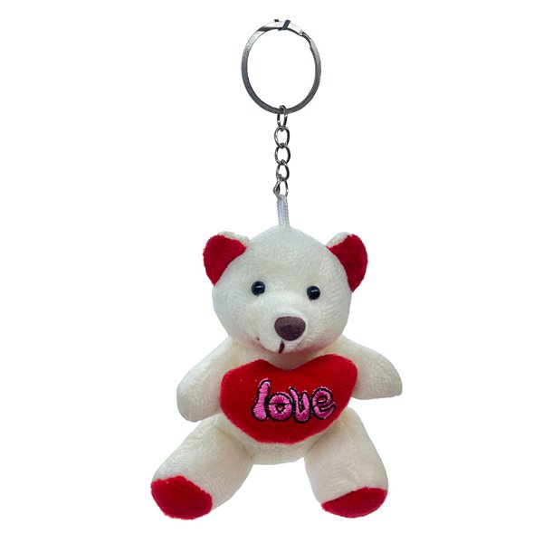 Chaveiro de Urso de Pelúcia com Coração - Branco - 10cm - 1 unidade - Rizzo