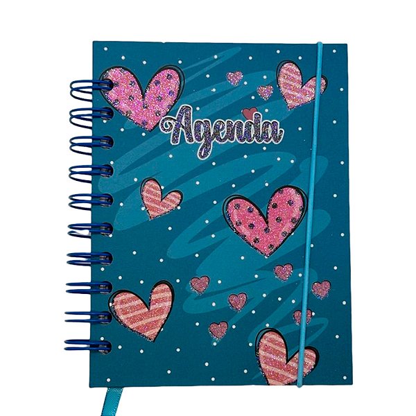 Agenda Permanente Azul com Corações - 160 Folhas - 13x15,1cm - 1 unidade - Rizzo