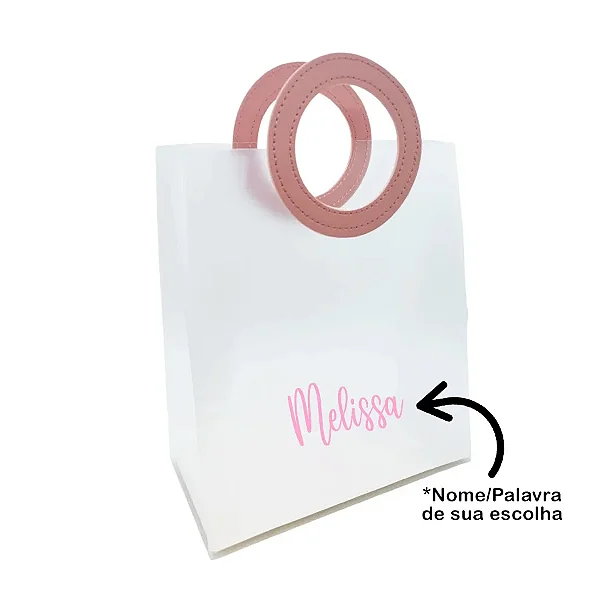 Sacola PVC com Alça Redonda de Couro Rosa Personalizada com Nome - 18x16x8cm - 1 unidade - Rizzo Personalizado