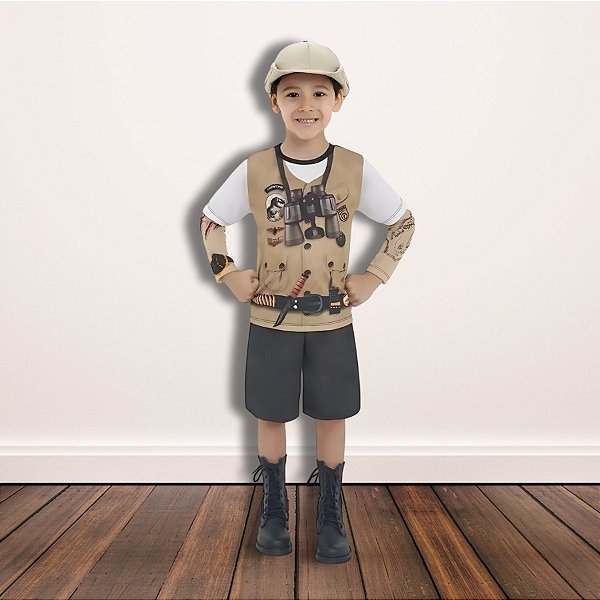 Fantasia Infantil Caçador de Dinossauro - Conjunto com Shorts, Camisa e Chapéu - G de 10 a 12 anos - 1 unidade - Rizzo