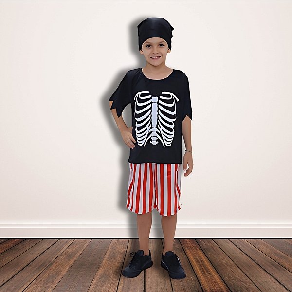 Fantasia Infantil Esqueleto Pirata - Conjunto com Camiseta, Shorts e Bandana - M de 6 a 8 anos - 1 unidade - Rizzo