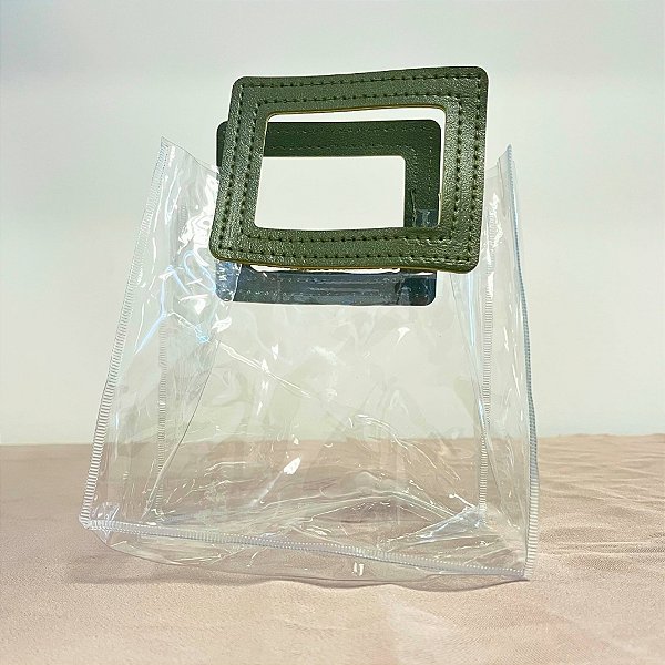 Sacola Transparente PVC com Alça Quadrada de Couro Verde Musgo - 15x15x10cm - 1 unidade - Rizzo