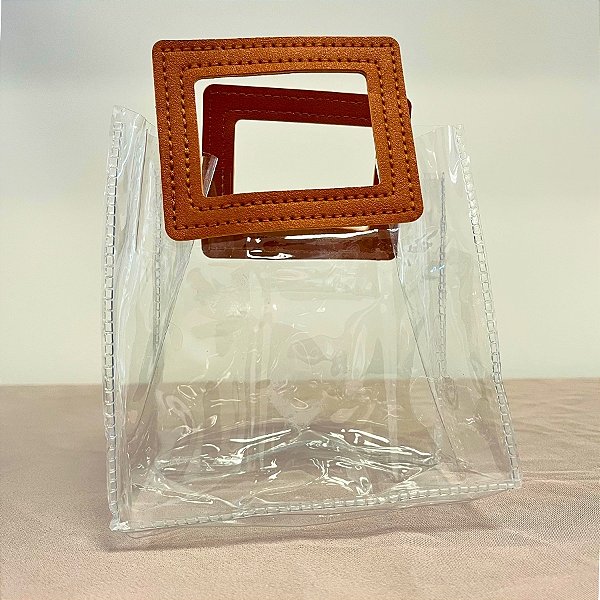 Sacola Transparente PVC com Alça Quadrada de Couro Marrom - 15x15x10cm - 1 unidade - Rizzo