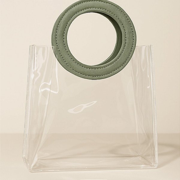 Sacola Transparente PVC com Alça Redonda de Couro Verde Musgo - 15x15x10cm - 1 unidade - Rizzo