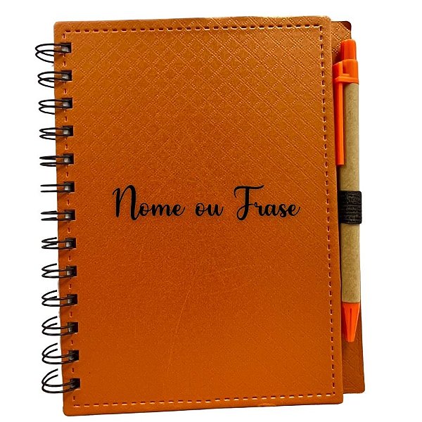 Bloco para Anotação Personalizado Escrita Preta De Couro com Caneta - Laranja - 70 Folhas - 14,5x18cm - 1 unidade - Rizz