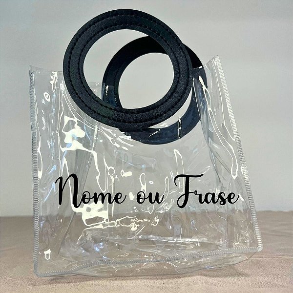 Sacola Transparente PVC Personalizado Escrita Preta com Alça Redonda de Couro Preto - 15x15x10cm - 1 unidade - Rizzo