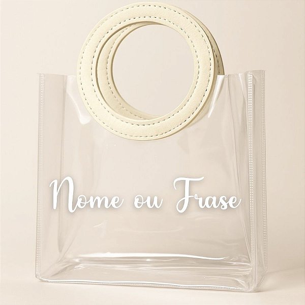 Sacola Transparente PVC Personalizado Escrita Branca com Alça Redonda de Couro Branco - 15x15x10cm - 1 unidade - Rizzo