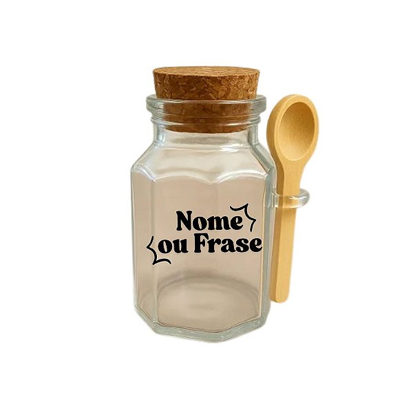 Mini Pote de Vidro Octogonal com Tampa de Rolha e Colherzinha de Madeira Personalizada com Nome ou Frase em Preto – 5,5x