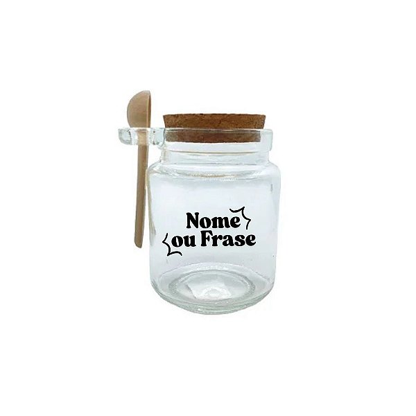 Pote de Vidro com Colher de Madeira e Tampa de Rolha Personalizada com Nome ou Frase em Preto - 250ml - 7cm x 10cm - 1 u