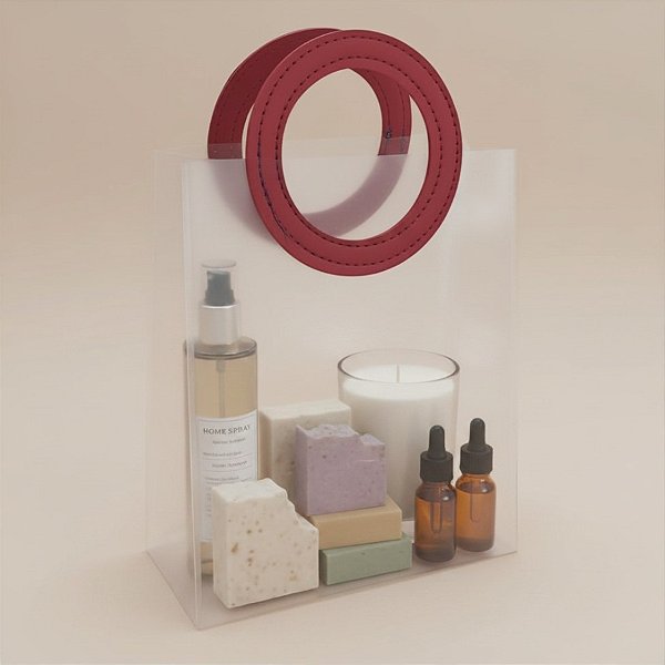 Sacola Transparente Fosca PVC com Alça Redonda de Couro Marsala - 32x26x14,5cm - 12 unidades - Rizzo