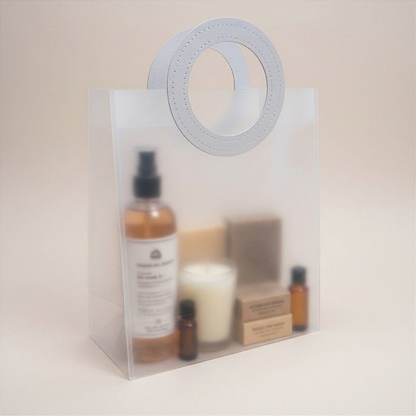 Sacola Transparente Fosca PVC com Alça Redonda de Couro Branco - 32x26x14,5cm - 12 unidades - Rizzo