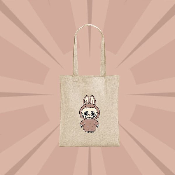 Sacola de Algodão Reciclado Bege Estampa de Labubu - Marrom  - 38x40cm - 1 unidade - Rizzo