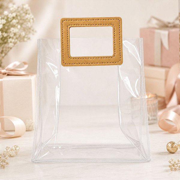 Sacola Transparente PVC com Alça Retangular de Couro Bege - 19,4x17x9cm - 1 unidades - Rizzo