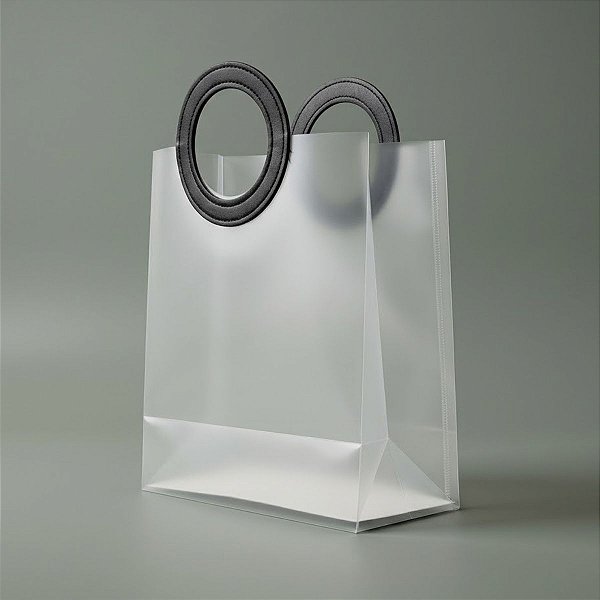 Sacola Transparente Fosca PVC com Alça Redonda de Couro Preto - 27x23x11cm - 10 unidades - Rizzo