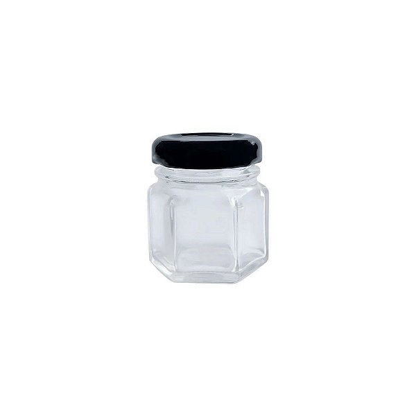 Pote De Vidro Sextavado Com Tampa Metal Preta - 4,5x5cm - 45ml - 1 unidade - Rizzo