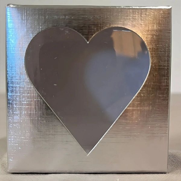 Caixa Para Doce Com Visor De Coração - 14x14x4cm - Prata Texturizada - 10 unidades - Assk - Rizzo