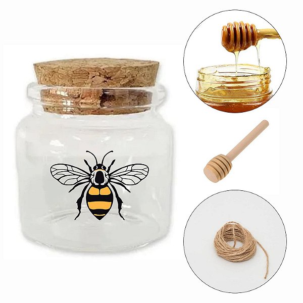Kit Potinho de Vidro de Abelha 1 com Dosador de Mel - Fio de Juta e Tampa de Rolha 50ml - 4,5cm - 24 unidades - Rizzo