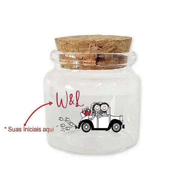 Kit Potinho de Vidro Personalizado de Casamento com Tampa de Rolha 50ml - 4,5cm - 24 unidades - Rizzo