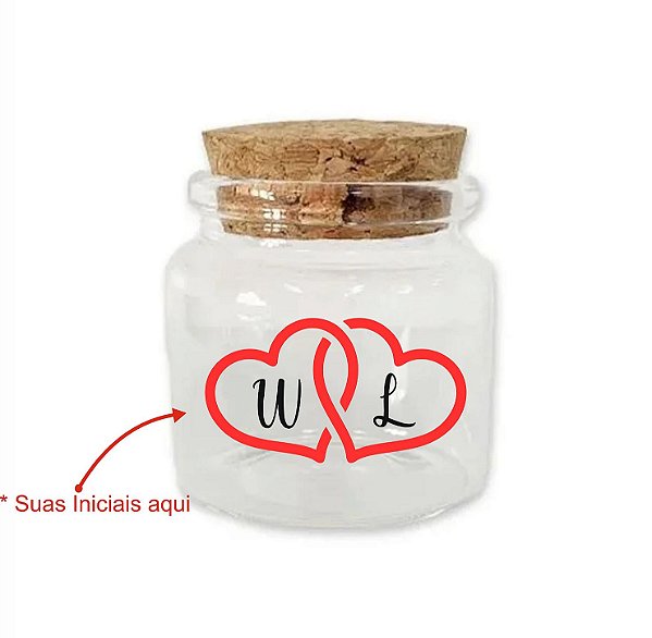 Kit Potinho de Vidro Personalizado de Casamento com Tampa de Rolha 50ml - 4,5cm - 24 unidades - Rizzo
