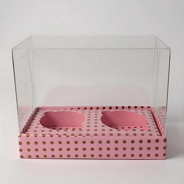 Caixa Mini Cupcake Com Tampa Transparente 2 Cavidades (11x9x5,5cm) Rosa com Bolinhas Marrons - 10 unidades - Assk - Rizz