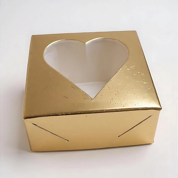 Caixa Para Doce Com Visor De Coração (7x7x3cm) Ouro - 10 unidades - Assk - Rizzo