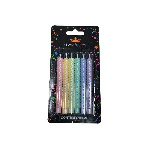Vela Palito Torneada Metalizada - Candy Color - 9,5cm - 6 unidades - Silver Festas - Rizzo