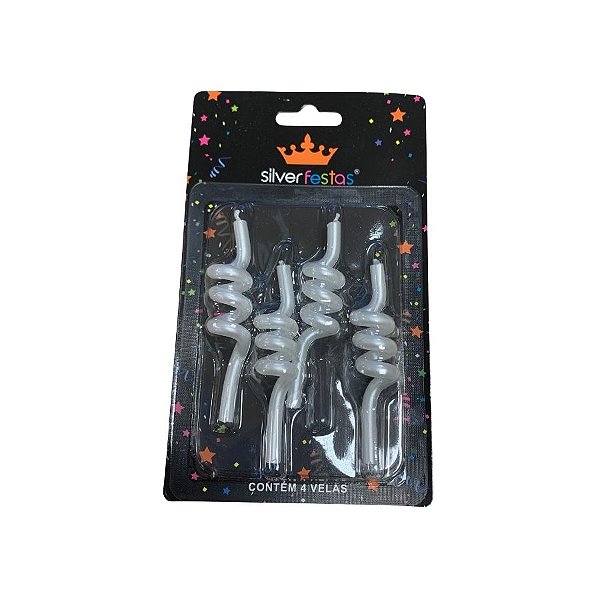 Vela Espiral Metalizada - Branca - 9,5cm - 4 unidades - Silver Festas - Rizzo