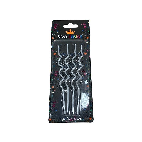 Vela Espiral Fina Metalizada - Branca - 14cm - 4 unidades - Silver Festas - Rizzo