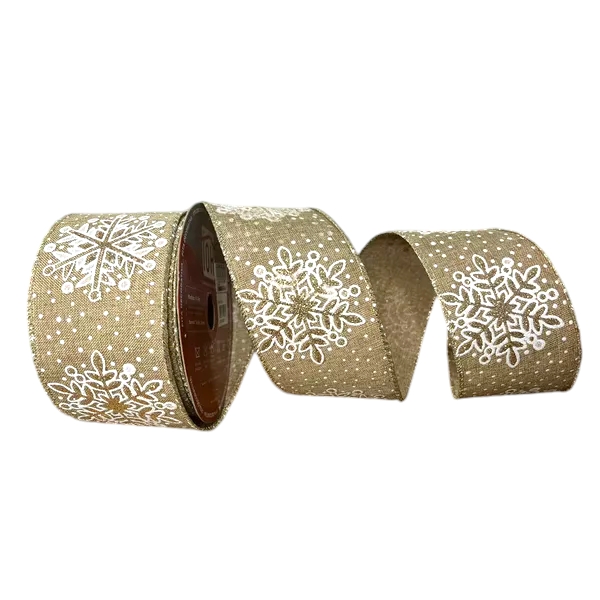 Fita Decorativa - de Natal Cru com Floco de Neve Branco - 6x914cm - 1 unidade - Rizzo