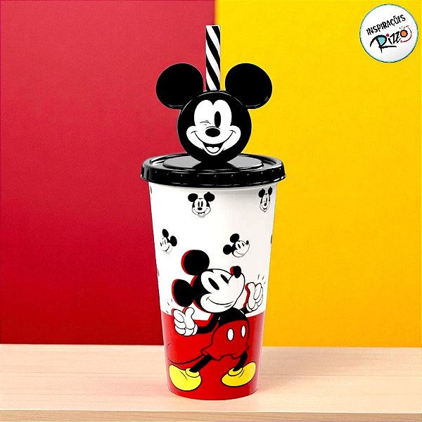 Copo de Plástico com Tampa e Canudo Mickey Mouse - 500ml - 1 unidade - Disney Original - Rizzo