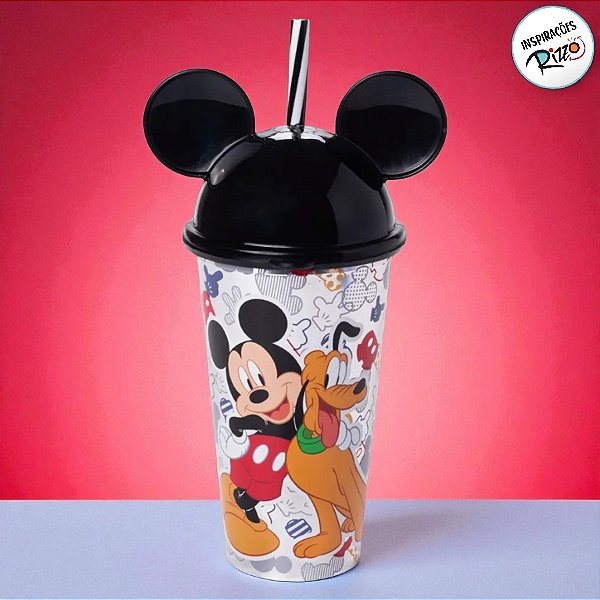 Copo de Plástico com Tampa e Canudo Orelha Mickey e Pluto - 500ml - 1 unidade - Disney Original - Rizzo