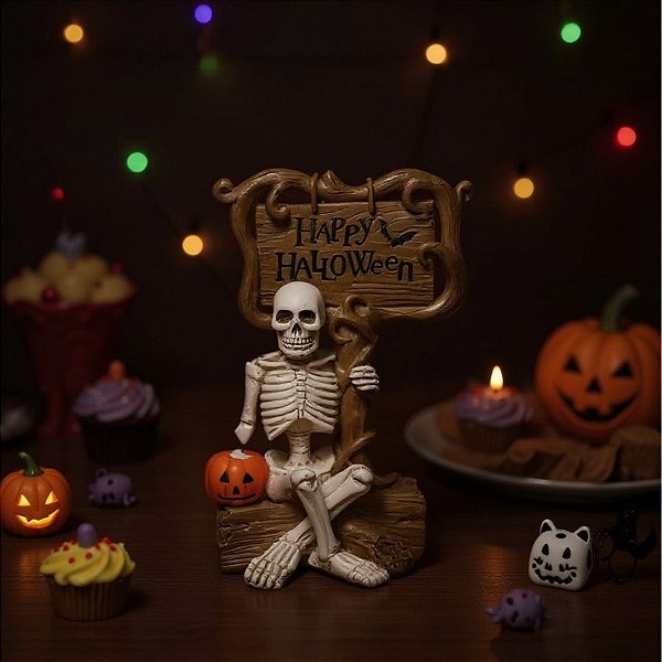 Enfeite Decorativo Halloween - Caveira Sombria "Happy Halloween" - 13cm - 1 unidade - Cromus - Rizzo