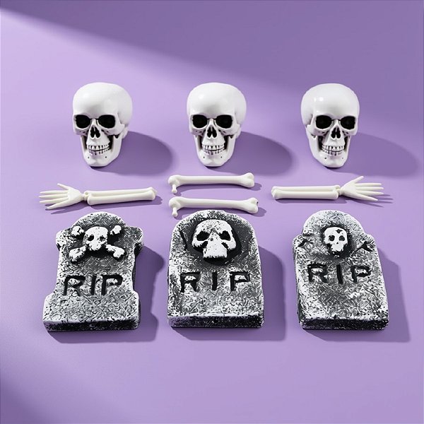 Enfeite Decorativo Halloween - Lápide com Esqueletos - 12cm - 10 unidades - Cromus - Rizzo